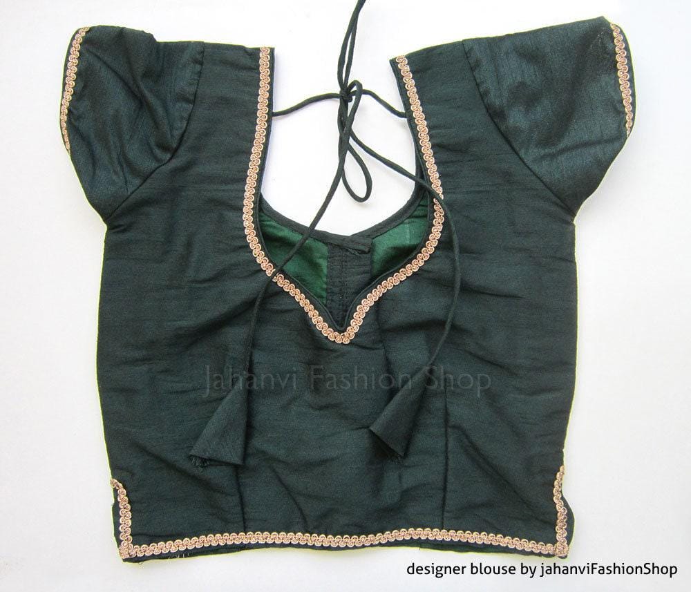 Dark Green Readymade Saree Blouse: Bridal Handmade Raw Silk Crop Top
