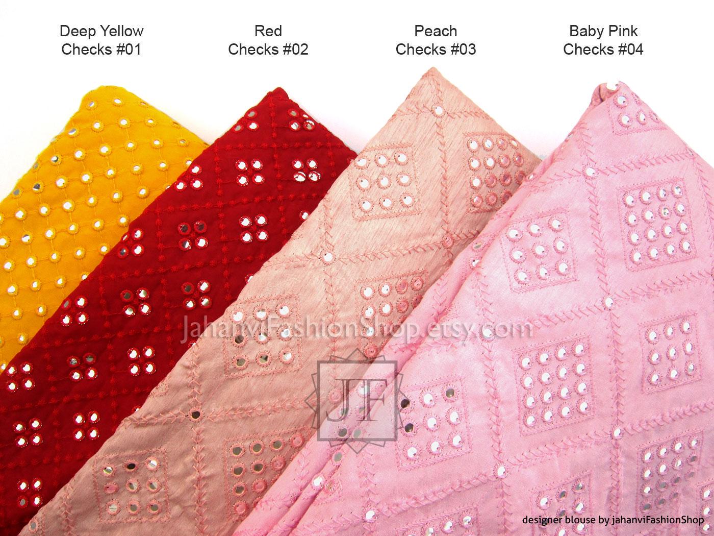 Embroidered boat-neck saree blouse swatches: deep yellow, red, peach, baby pink checks