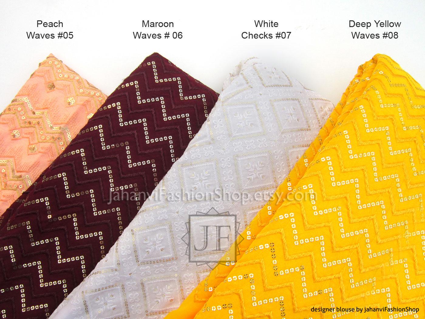Embroidered boat-neck saree blouse swatches: peach waves, maroon waves, white checks