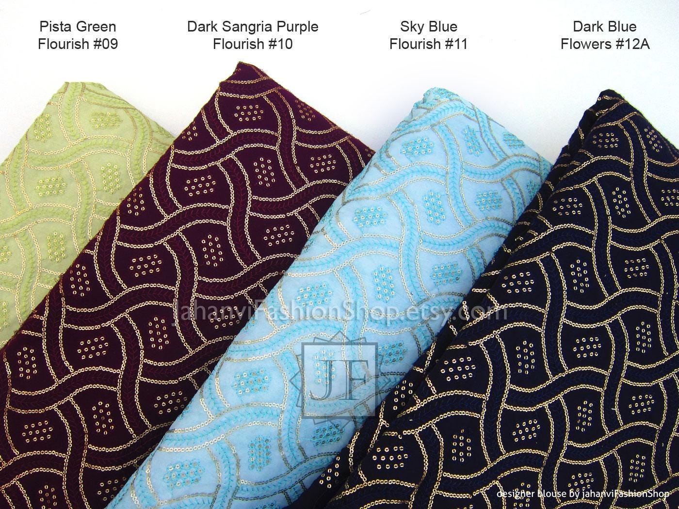 Embroidered boat-neck saree blouse swatches: pista green, dark sangria purple, sky blue, dark blue