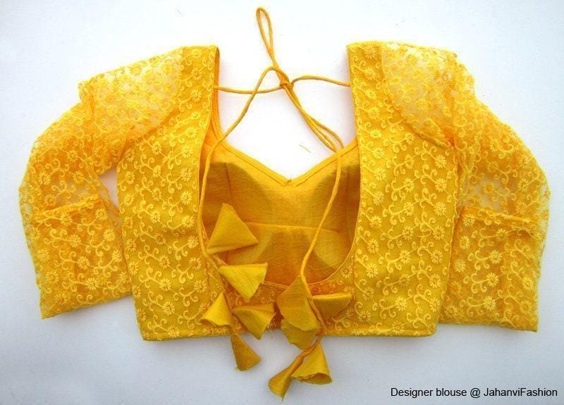 Yellow Net Embroidery Crop Top Sweetheart Neck Deep Back, Designer Tassel Tie-Up Bridal Party Wear | Made To Order Custom Fit Saree Blouse