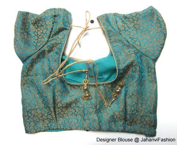 Teal blue brocade silk crop top blouse with gold trim, short sleeves, tie-back keyhole
