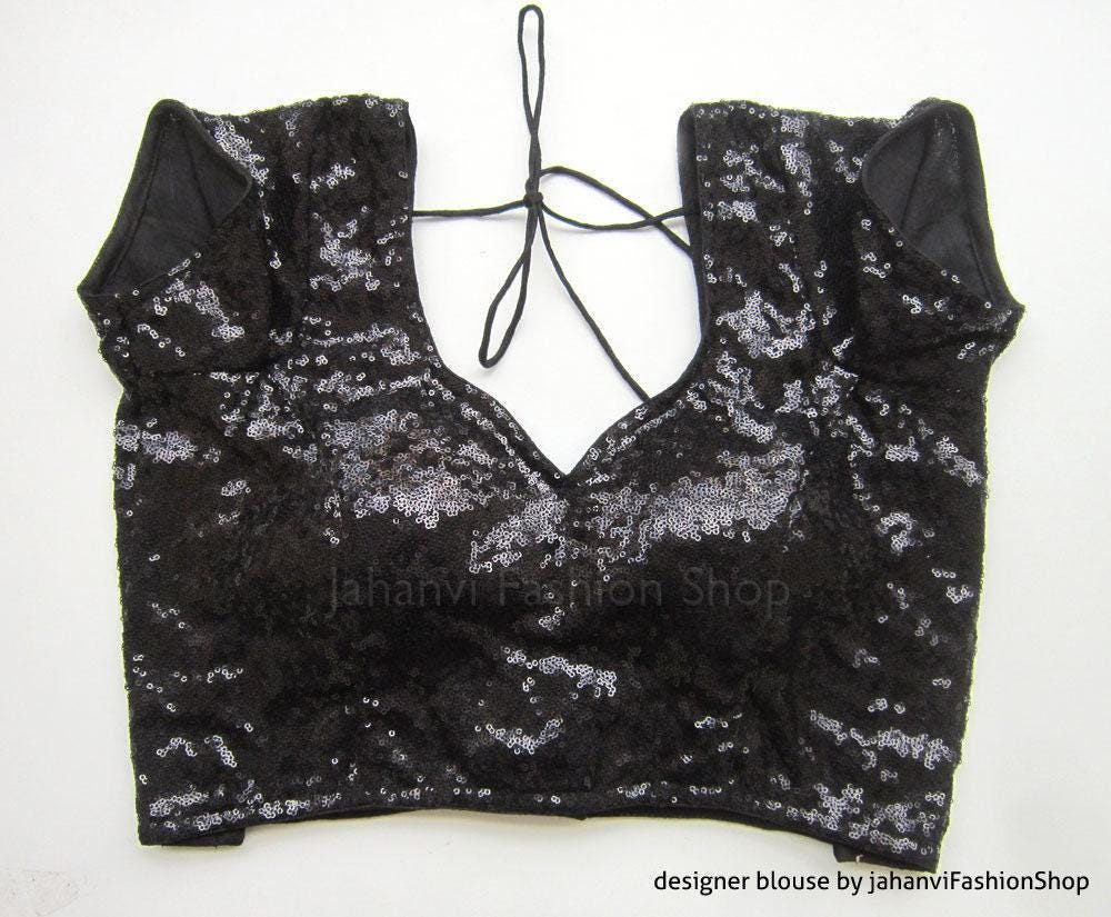 Black Sequins Saree Blouse: Party Wear Crop Top, Padded, Back Hook