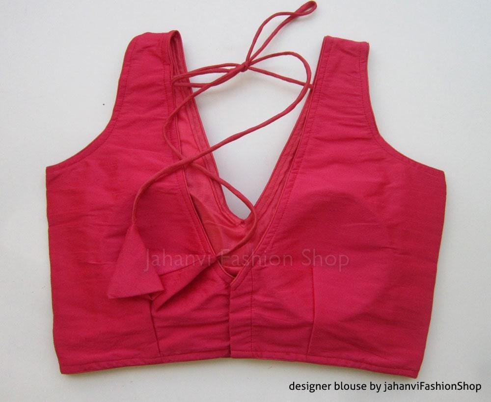 Embroidered Saree Blouse: Magenta V-Neck Style, Ready to Wear Crop Top