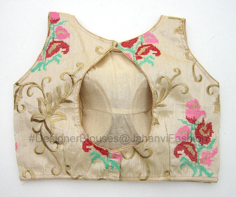 Boat Neck Embroidered Saree Blouse: Sleeveless Crop Top with Back Hook