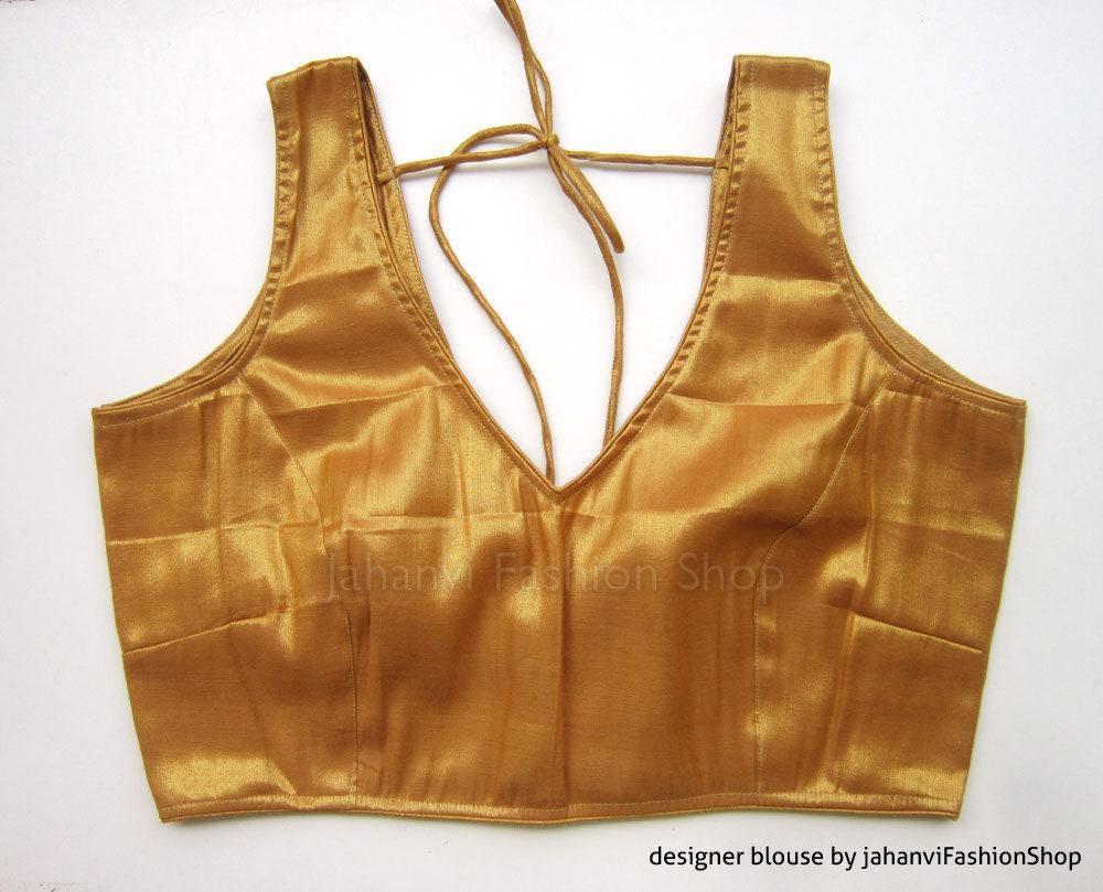 Golden Saree Blouse- V-Neck Shimmer, Custom Bollywood Crop Top