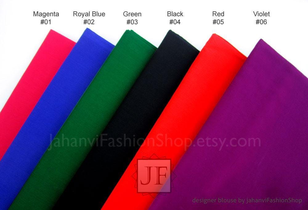 Color swatches: magenta, royal blue, green, black, red, violet cotton blouse fabric