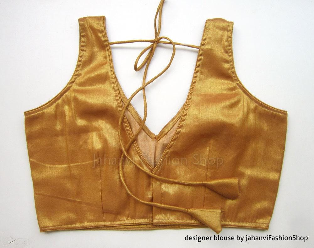 Golden Saree Blouse: V-Neck Shimmer, Custom Bollywood Crop Top