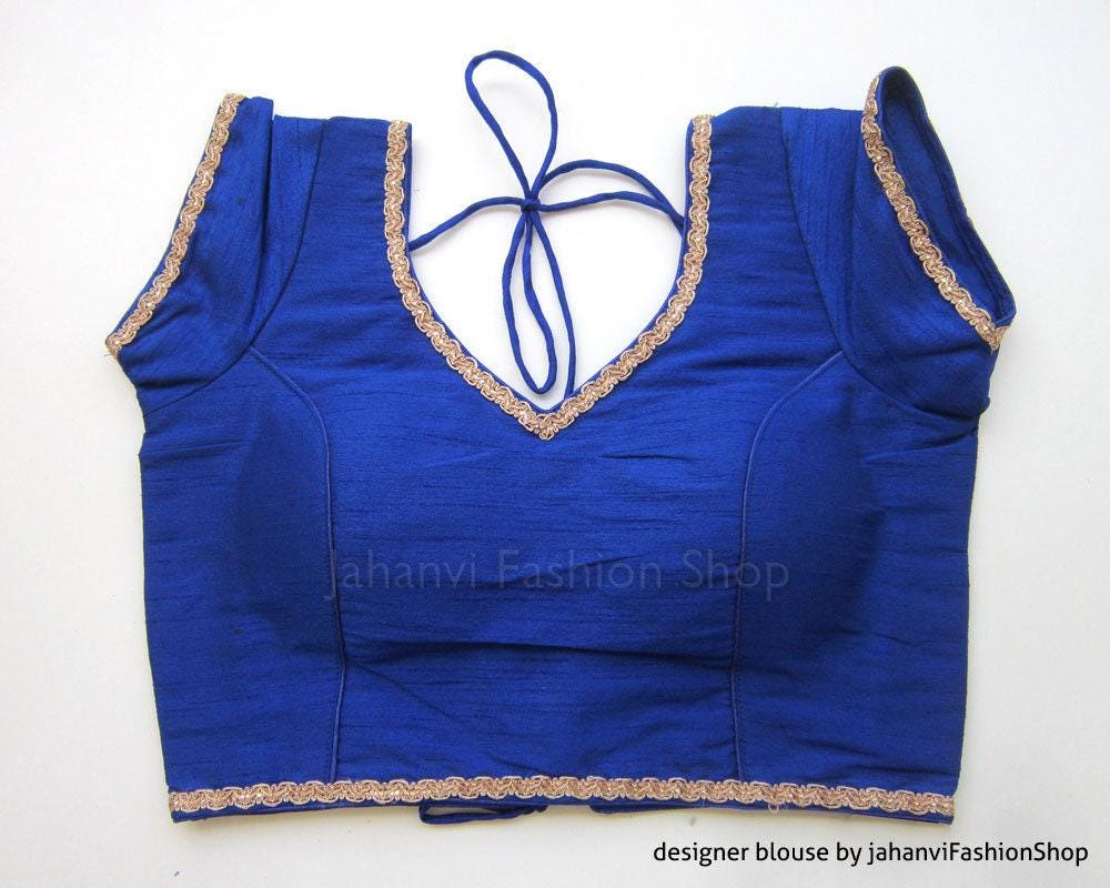 Royal blue bridal blouse with gold border and tie V-neck back