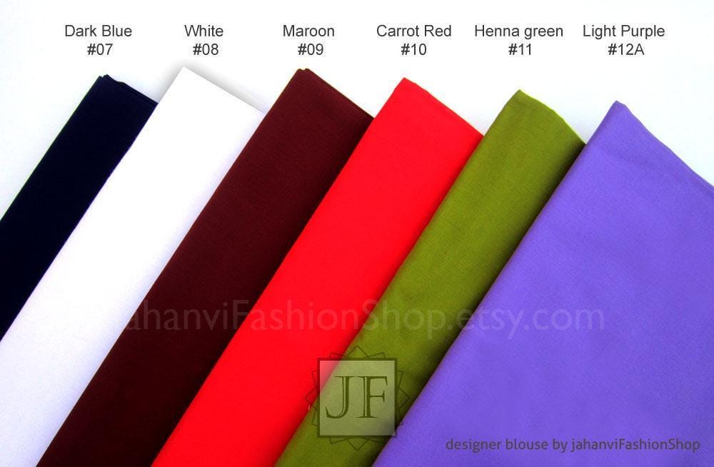 Color swatches: dark blue, white, maroon, carrot red, heena green, light purple