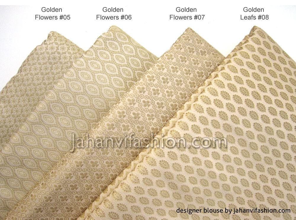 Golden saree blouse fabric swatches with floral and leaf motifs