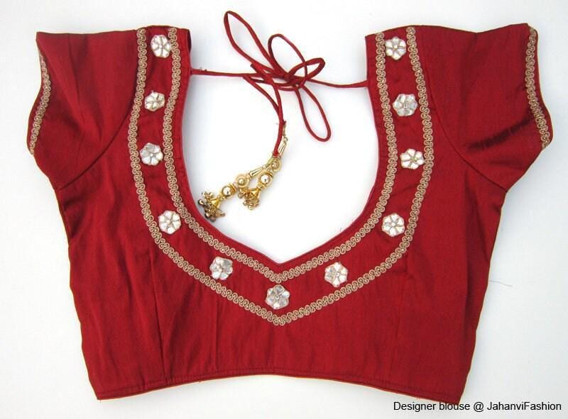 Red bridal saree blouse with gold beaded embroidery and V neckline, front open style