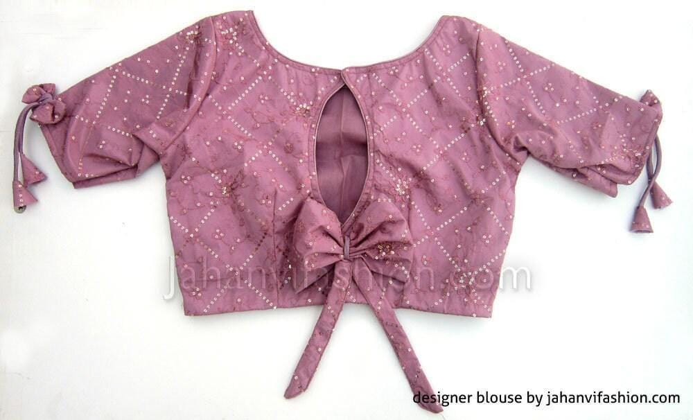 Mauve embroidered boat-neck blouse with front keyhole and bow-tied puff sleeves