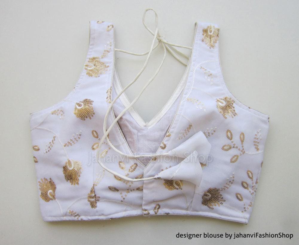 White Sequin Saree Blouse- V-Neck Wedding Bridal Top