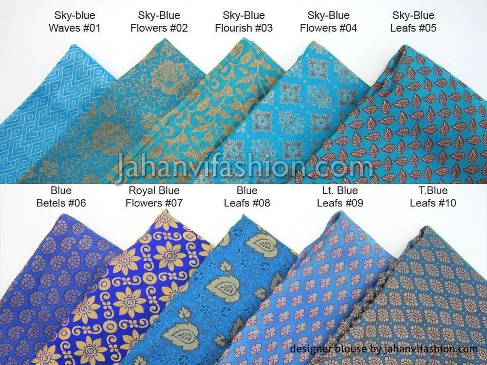 Blue brocade blouse swatches with short sleeves and V-neck in patterned prints