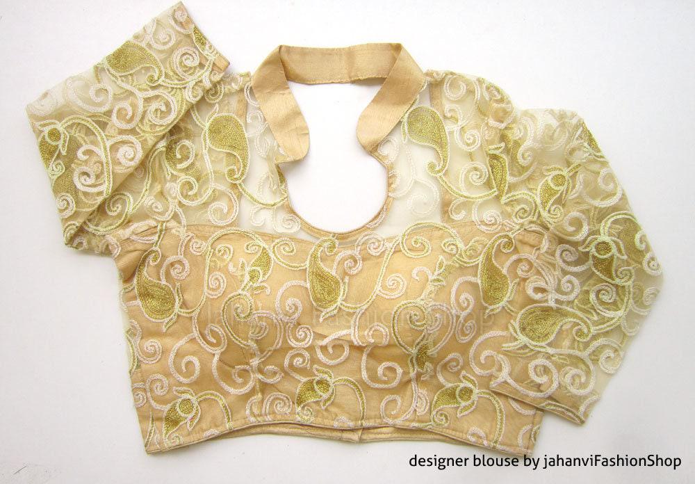 Golden embroidered saree blouse with long sleeves, round neckline, front cut-out