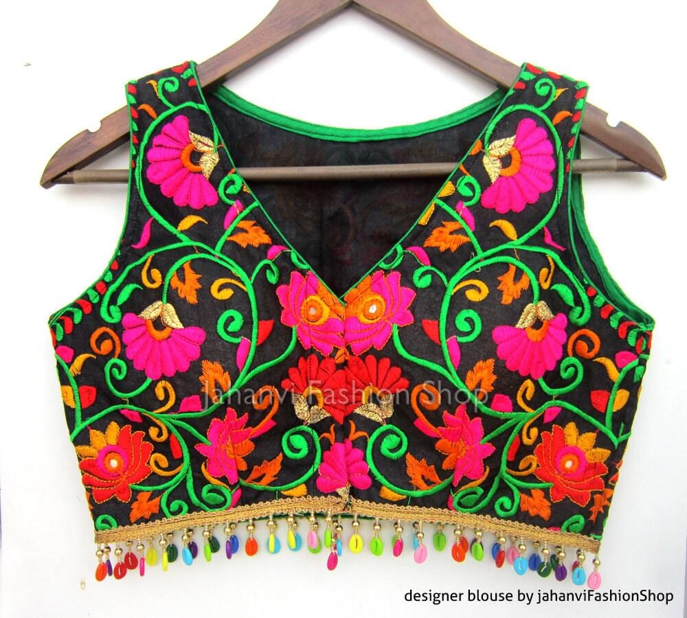 Colorful Traditional Embroidered Saree Blouse- Kutch Work Garba Crop Top