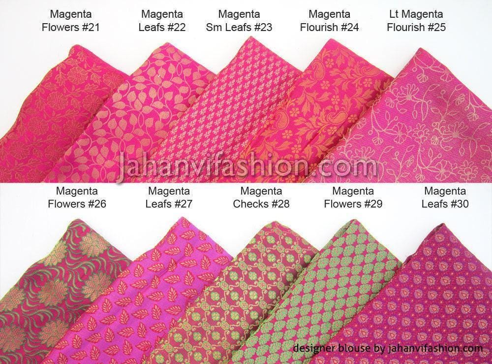 Magenta brocade blouse swatches with short sleeves and V-neck in patterned fabric