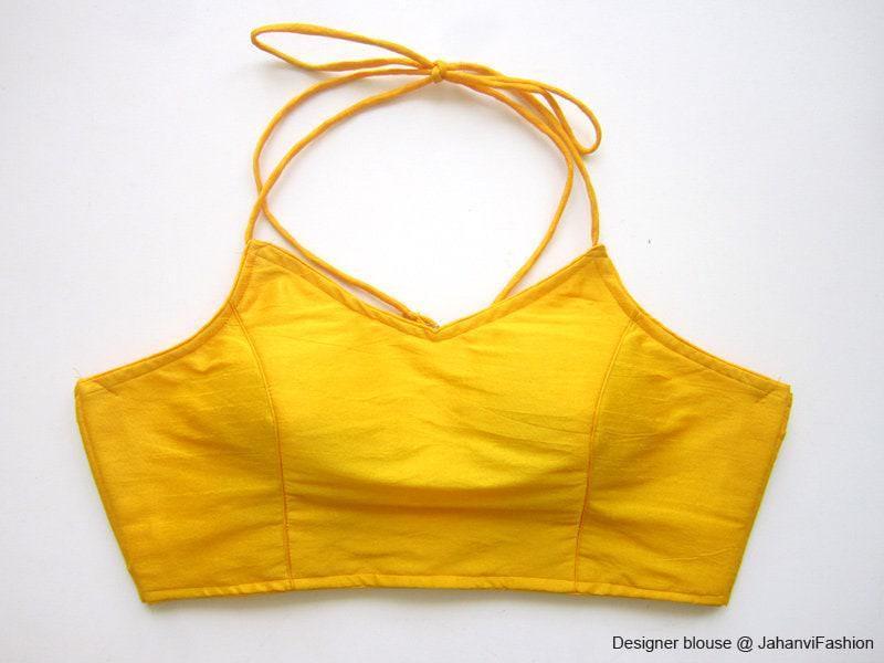 Yellow halter bikini-style saree blouse with backless tied neck