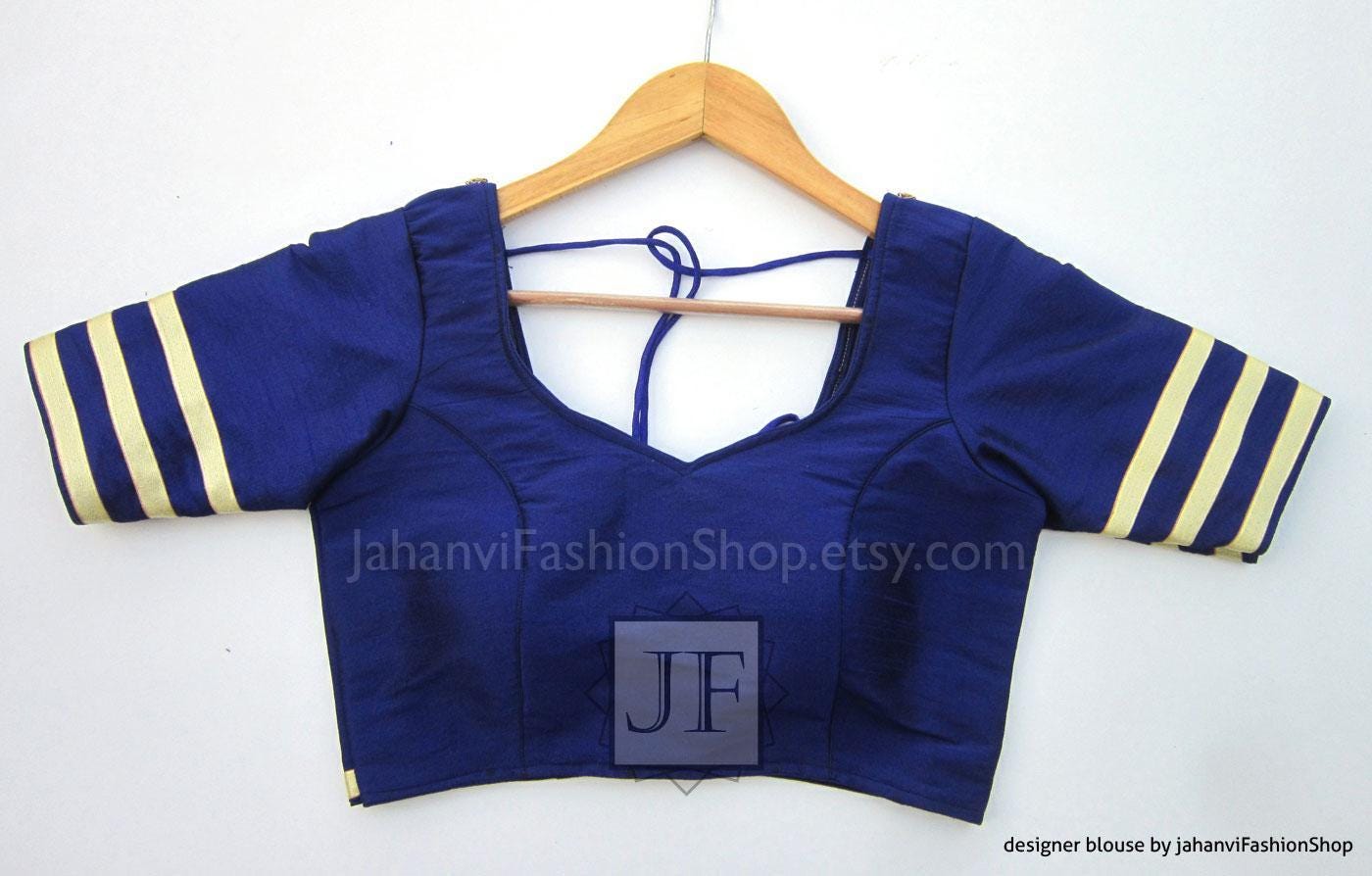 Blue saree blouse with gold striped short sleeves and scoop back