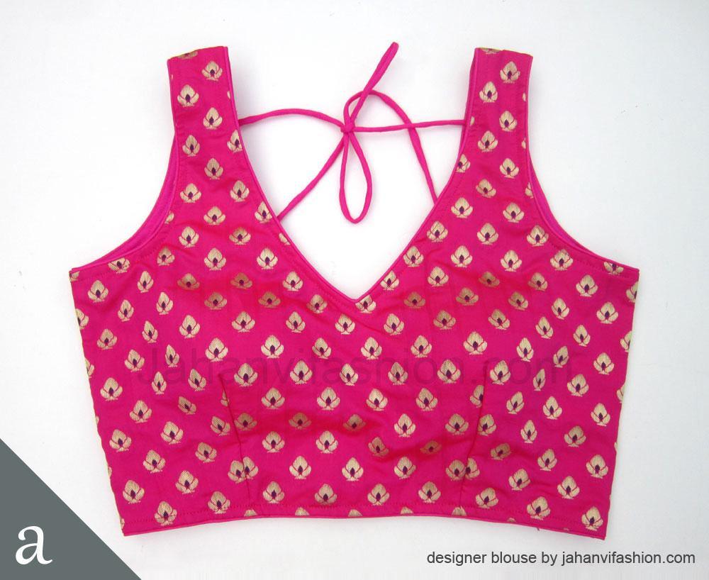 Magenta sleeveless V-neck blouse with gold motifs and tied neckline