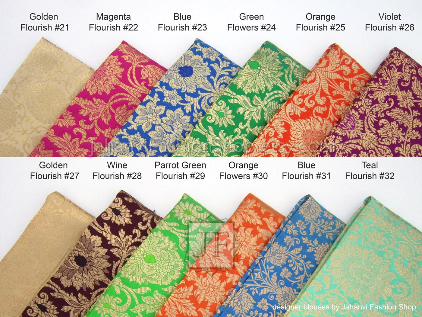 Off-shoulder brocade saree blouse fabric swatches in bright floral colors