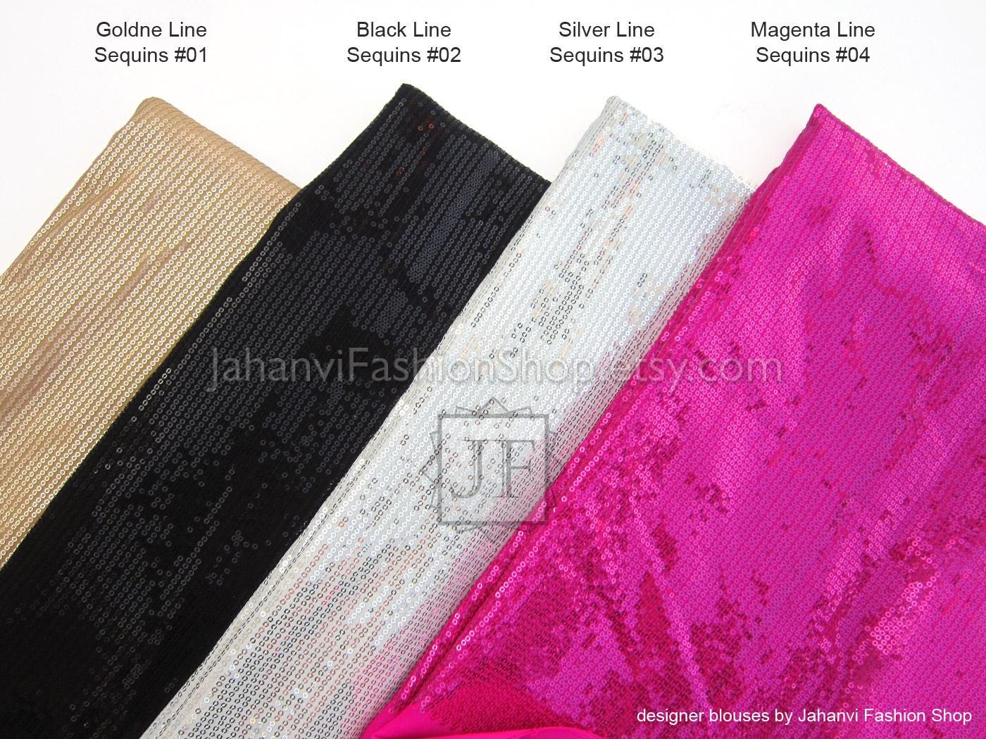 Sequin line fabric swatches in gold line, black line, silver line, and magenta