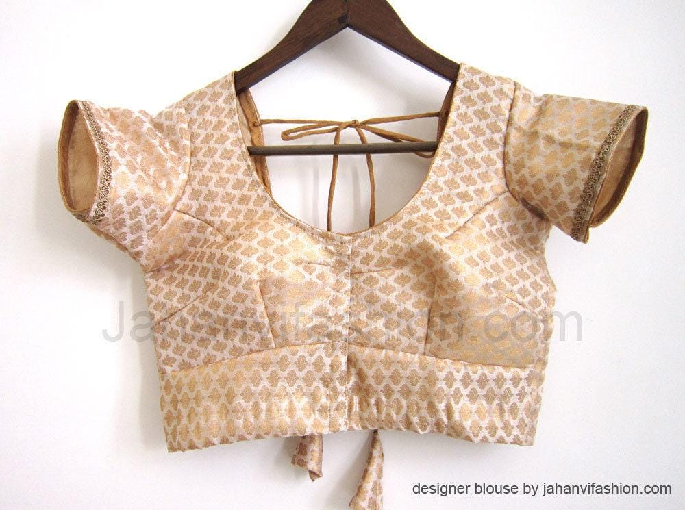 Gold chanderi silk blouse with short sleeves, round back cutout, button-front placket