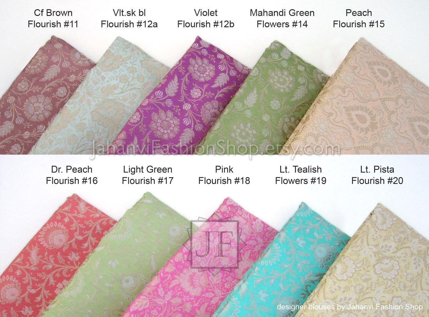 Assorted brocade saree blouse fabric swatches in green, magenta, purple, and peach