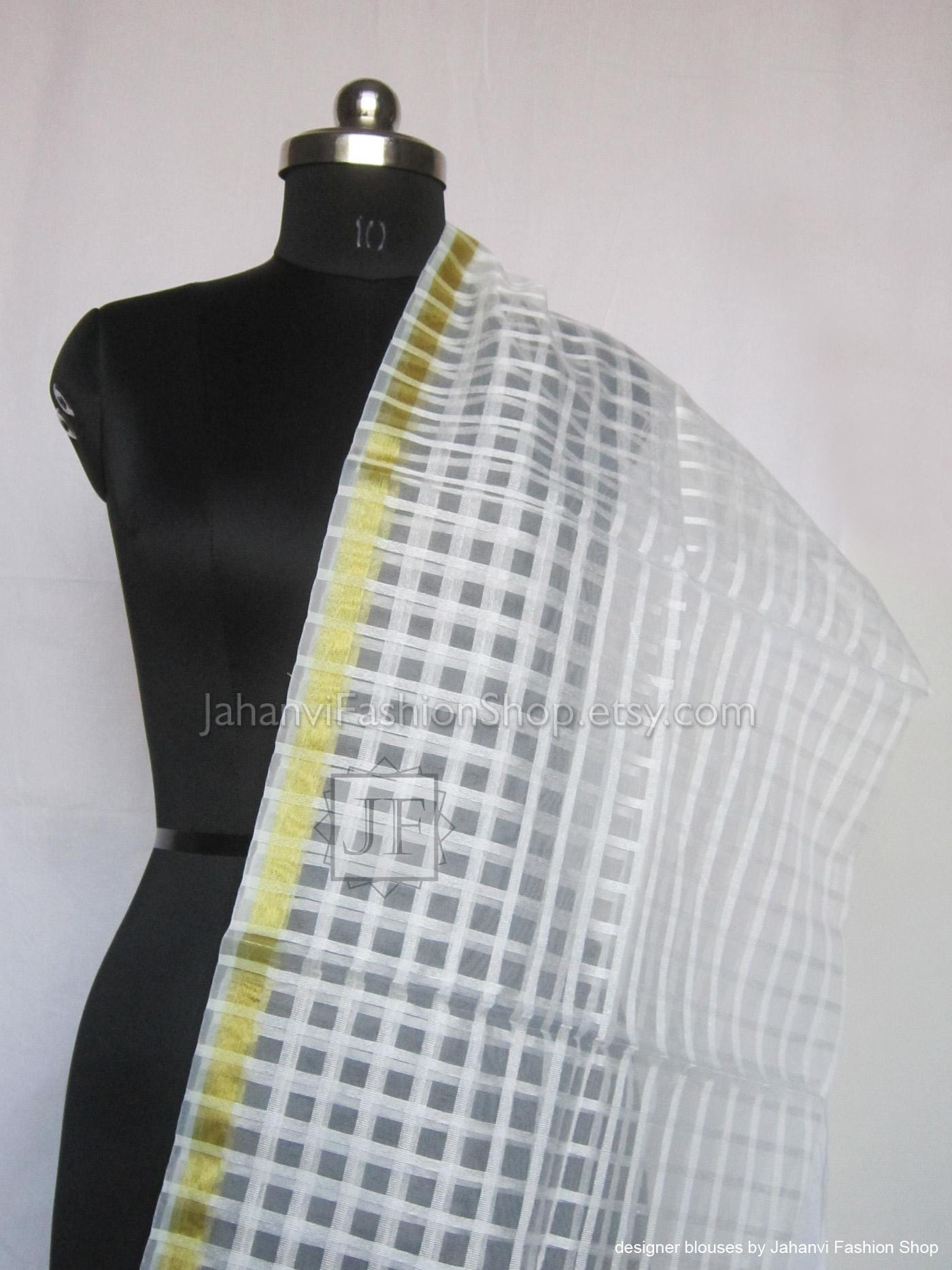 Silk dupatta scarf, sheer white with pale yellow grid check, held diagonally