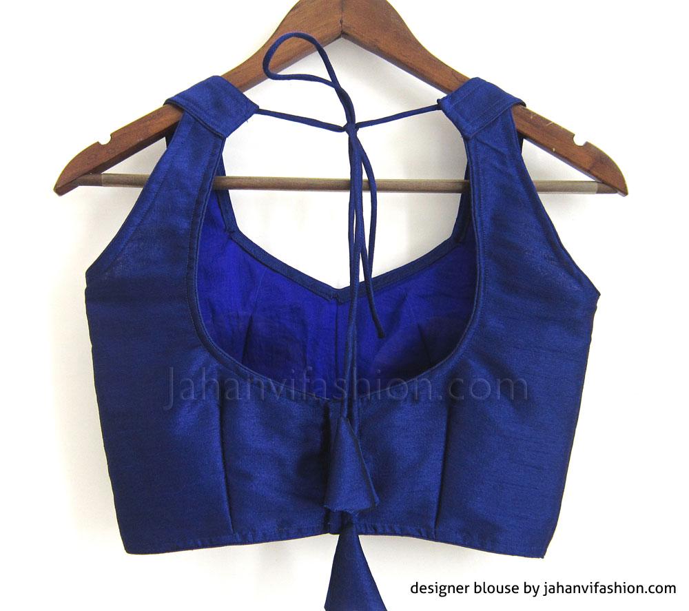Royal blue sleeveless saree blouse, open back with string tie and halter straps