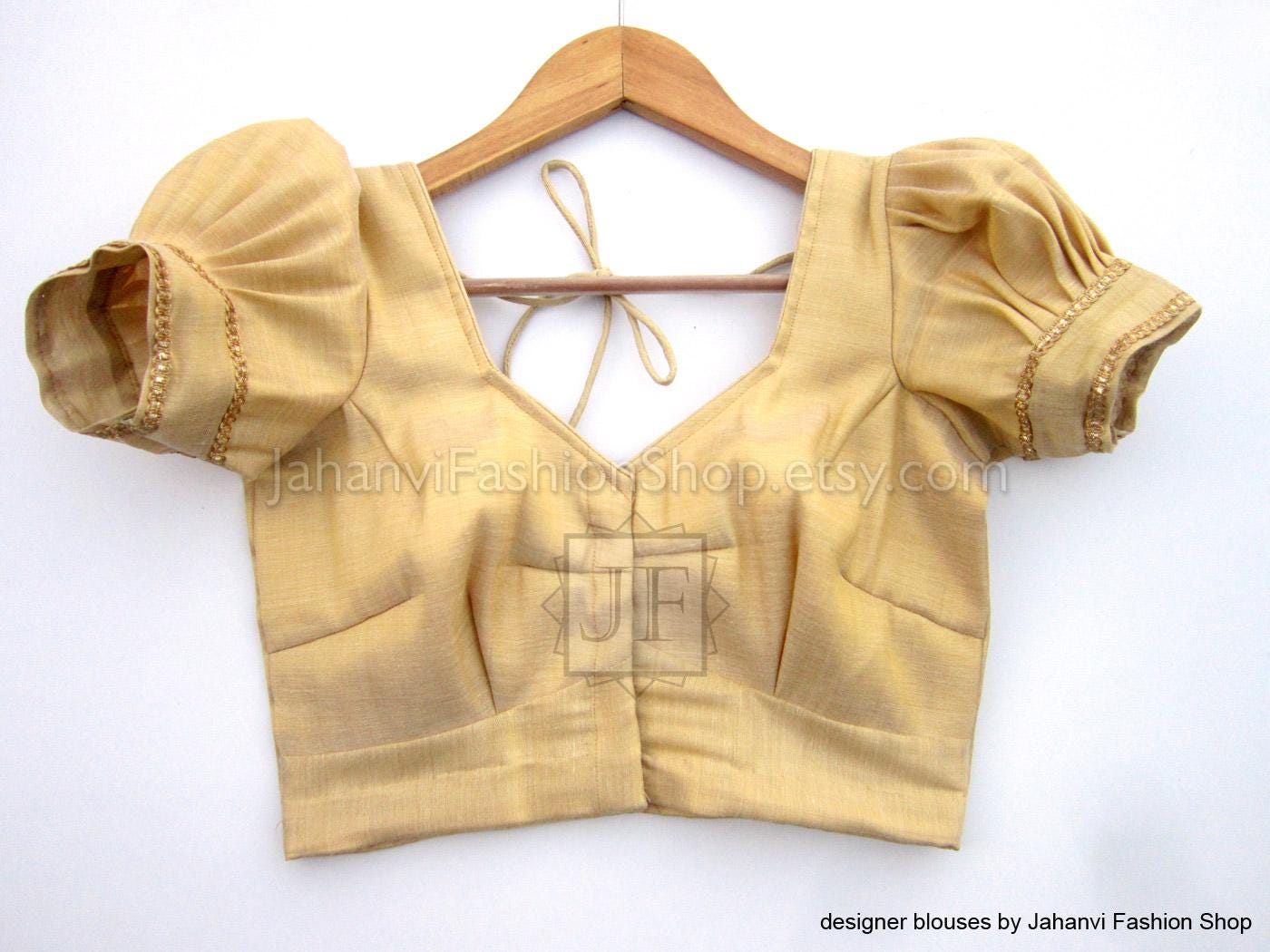 Golden Puff Sleeves Dart Style Blouse: Designer Party Wear Bridal Crop Top for Women