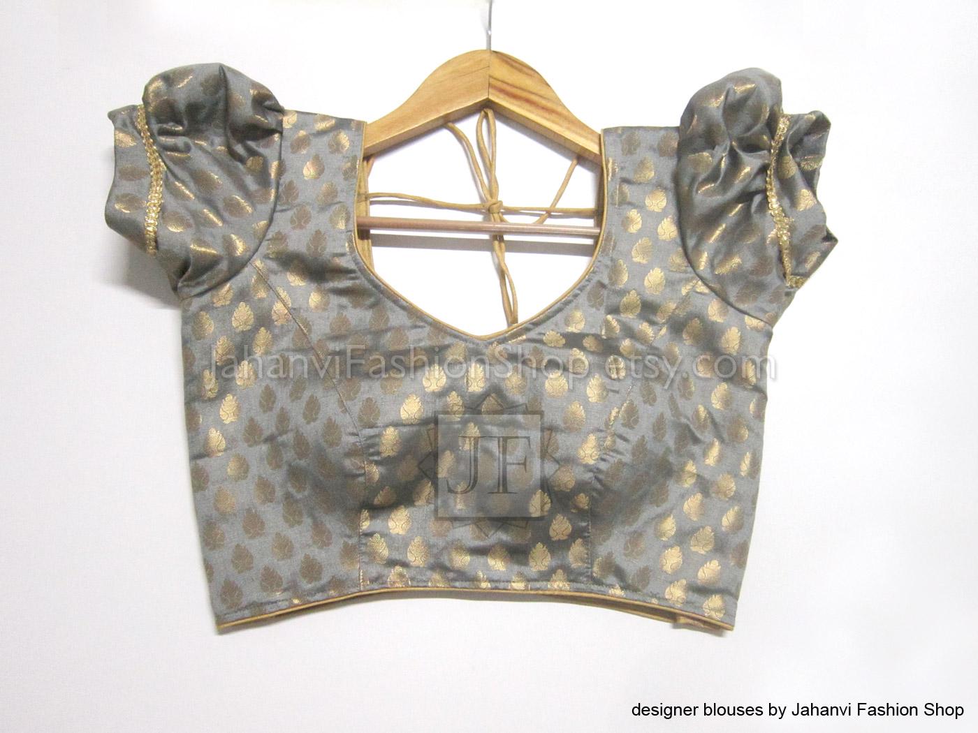 Dark gray puff-sleeve blouse with sweetheart neckline and open-back lace-up detail