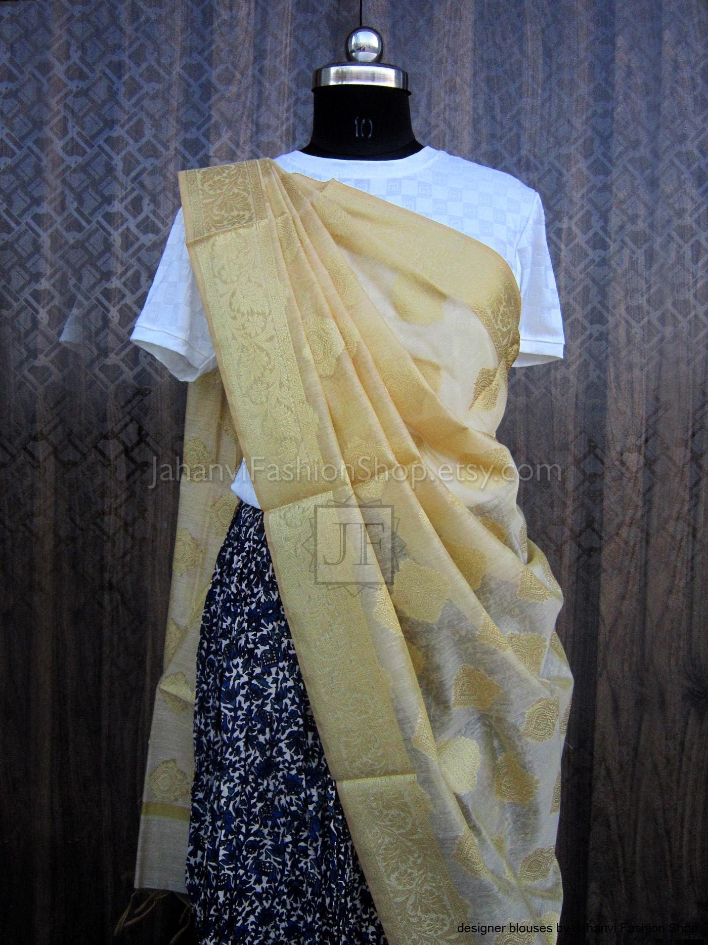 Golden Silk Dupatta Leaves- Lightweight Traditional Scarf Soft Designer Texture