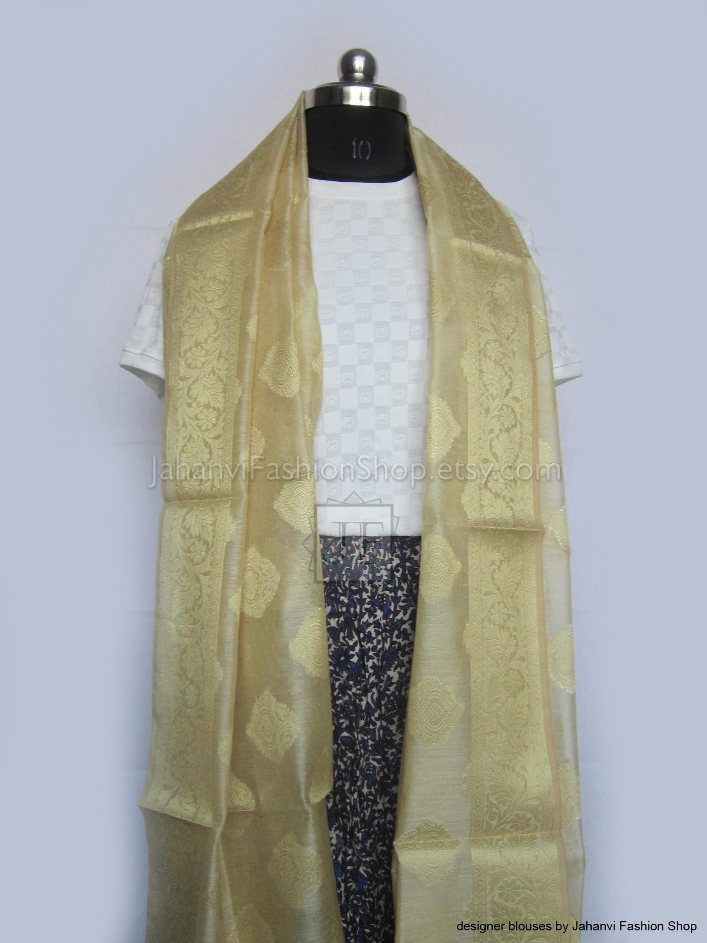 Golden Silk Dupatta Leaves- Lightweight Traditional Scarf Soft Designer Texture