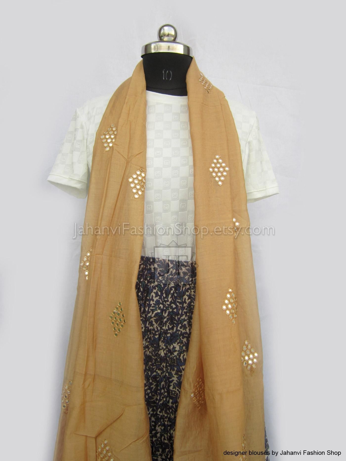 beige dupatta with embroidery work golden leaves 