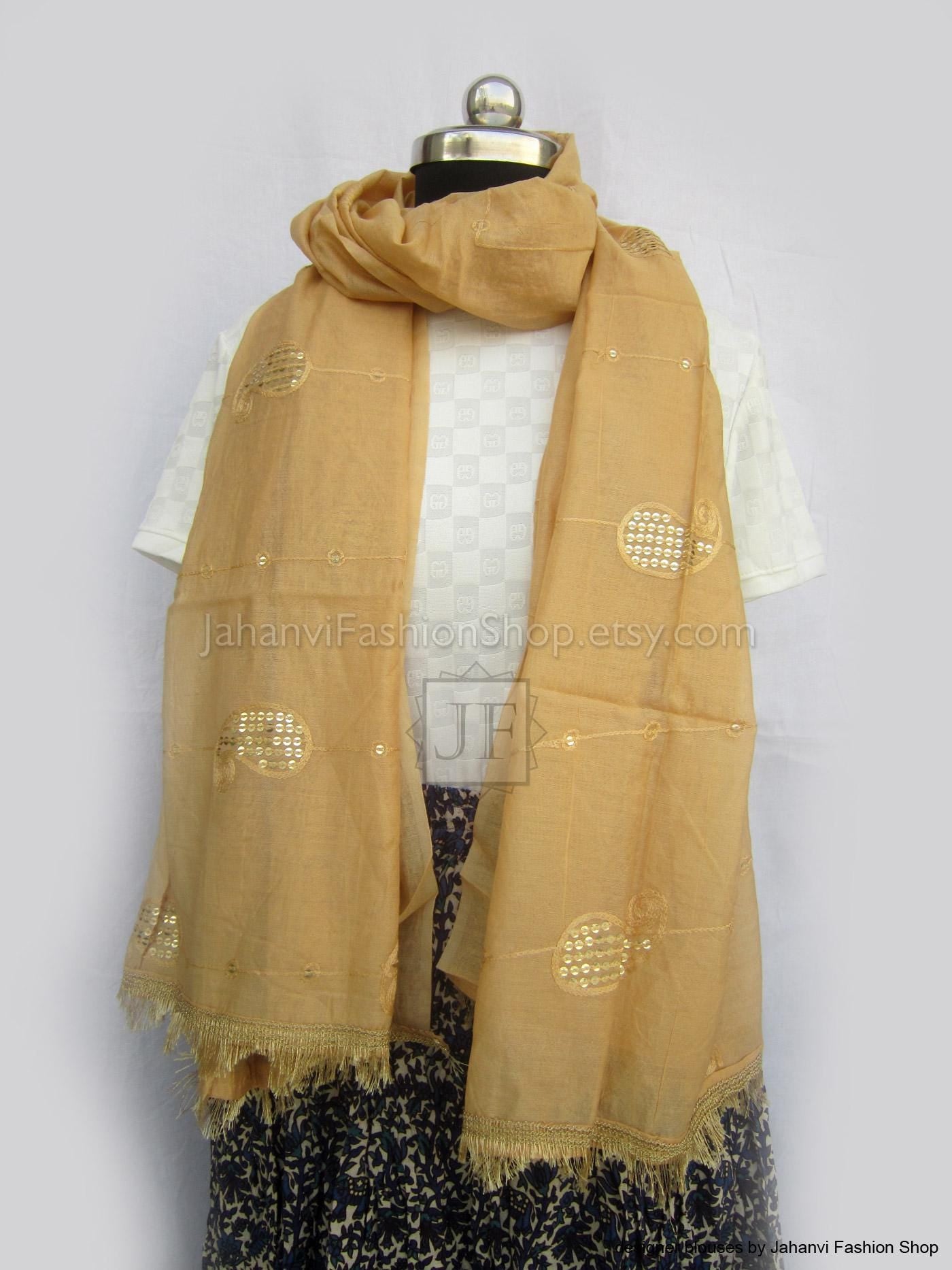 beige dupatta with embroidery work golden flowers