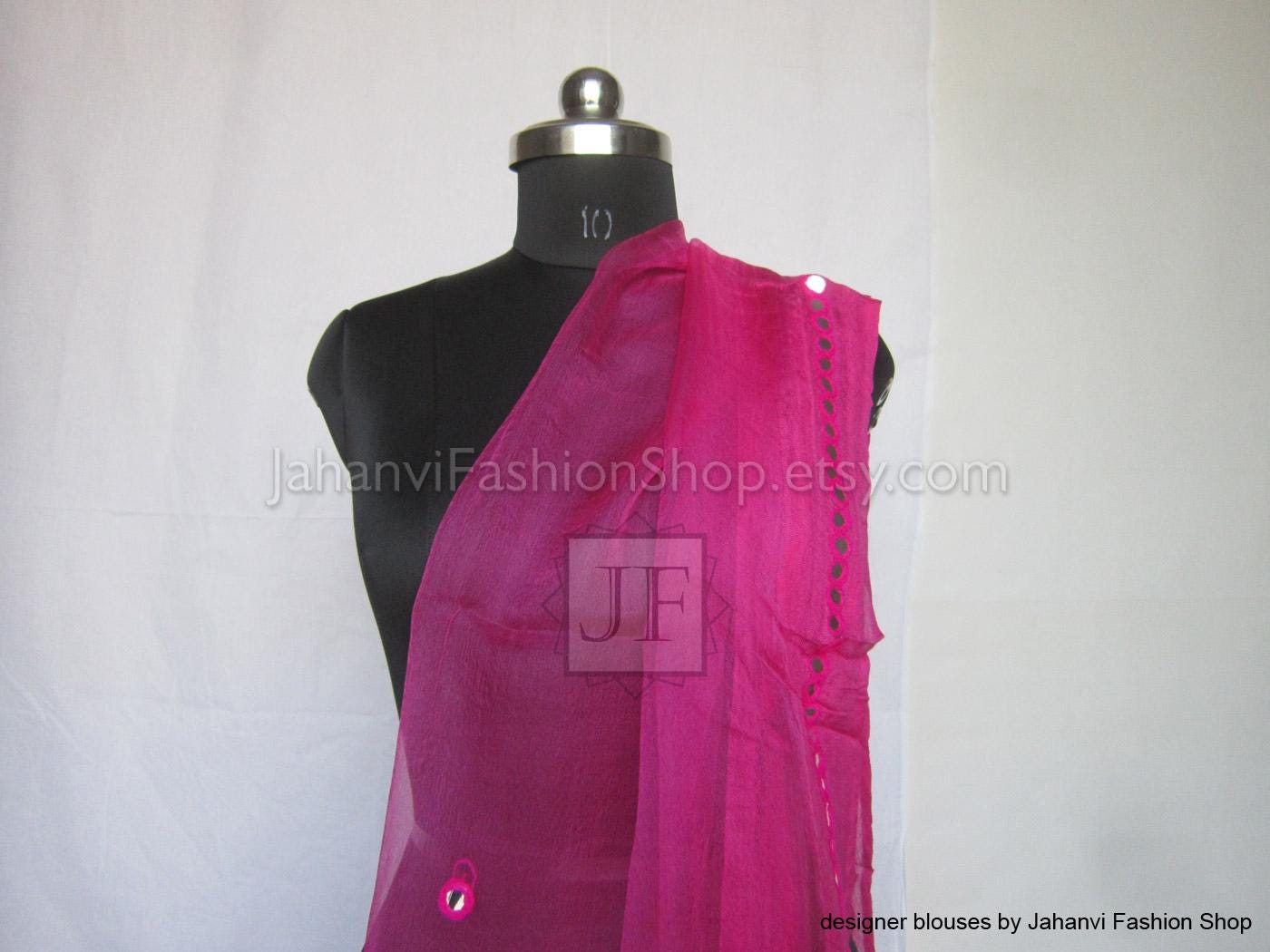 Pink silk net dupatta with scattered mirror dots and decorative edging