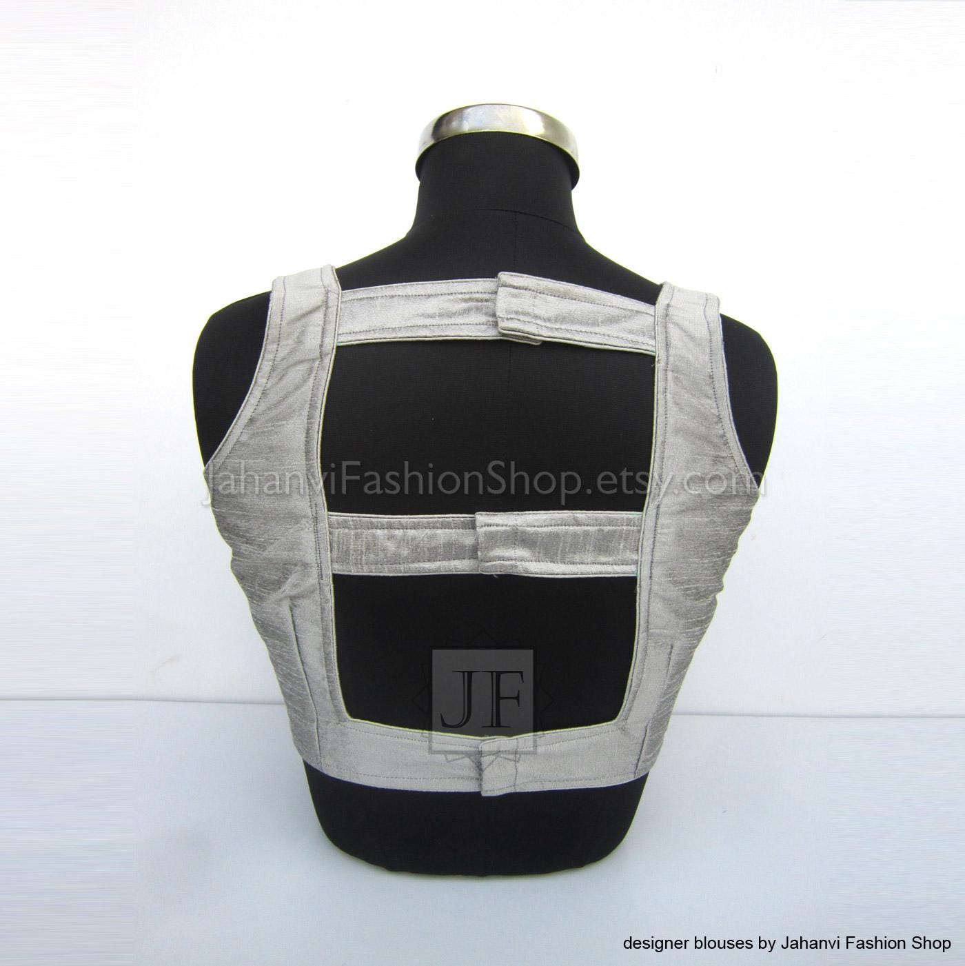 Square-neck saree blouse with open back, light gray fabric and wide back yoke trim