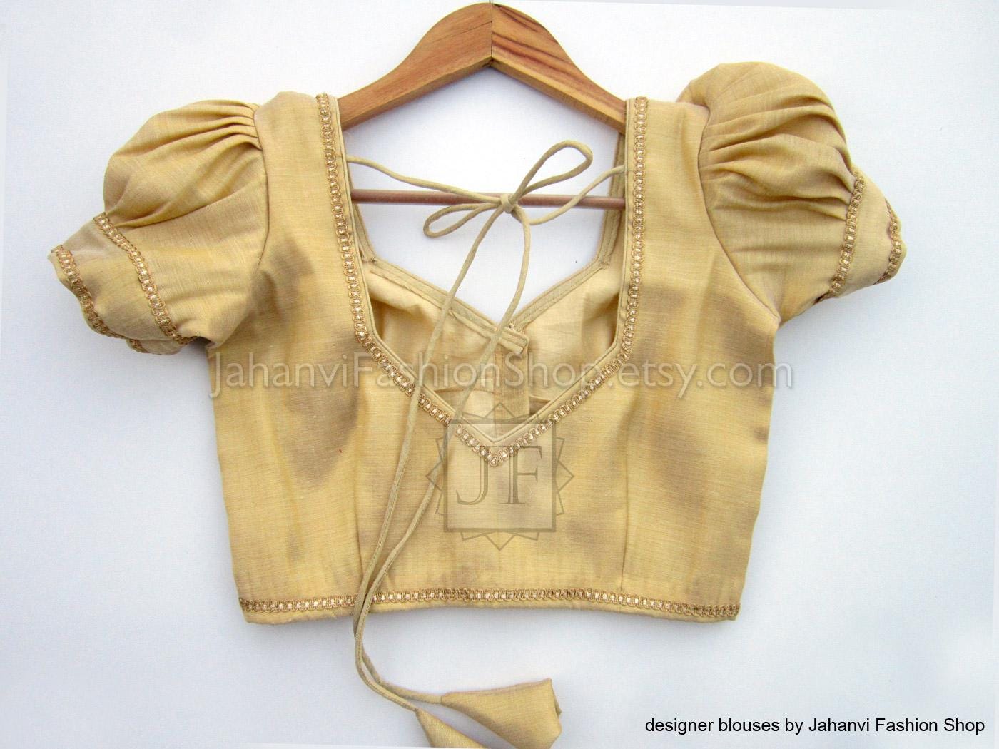 Golden Puff Sleeves Dart Style Blouse: Designer Party Wear Bridal Crop Top for Women