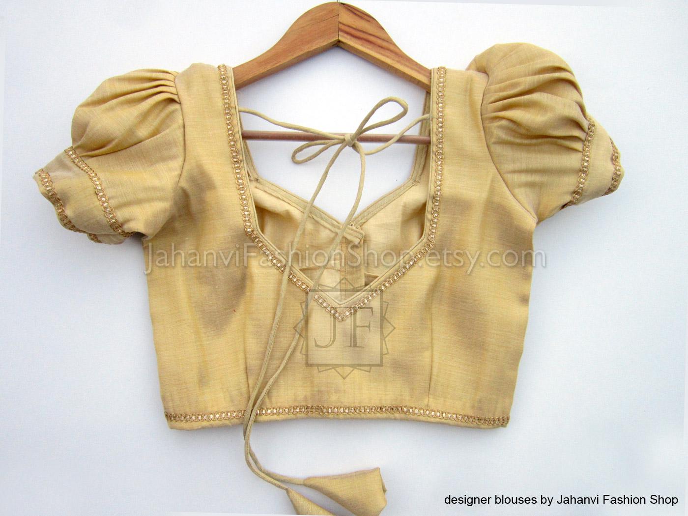 Golden Puff Sleeves Dart Style Blouse: Designer Party Wear Bridal Crop Top for Women