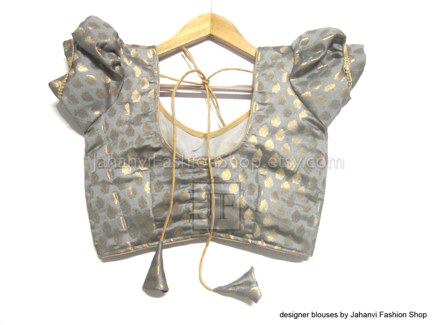 Dark gray puff-sleeve blouse with sweetheart neckline and crisscross open-back ties
