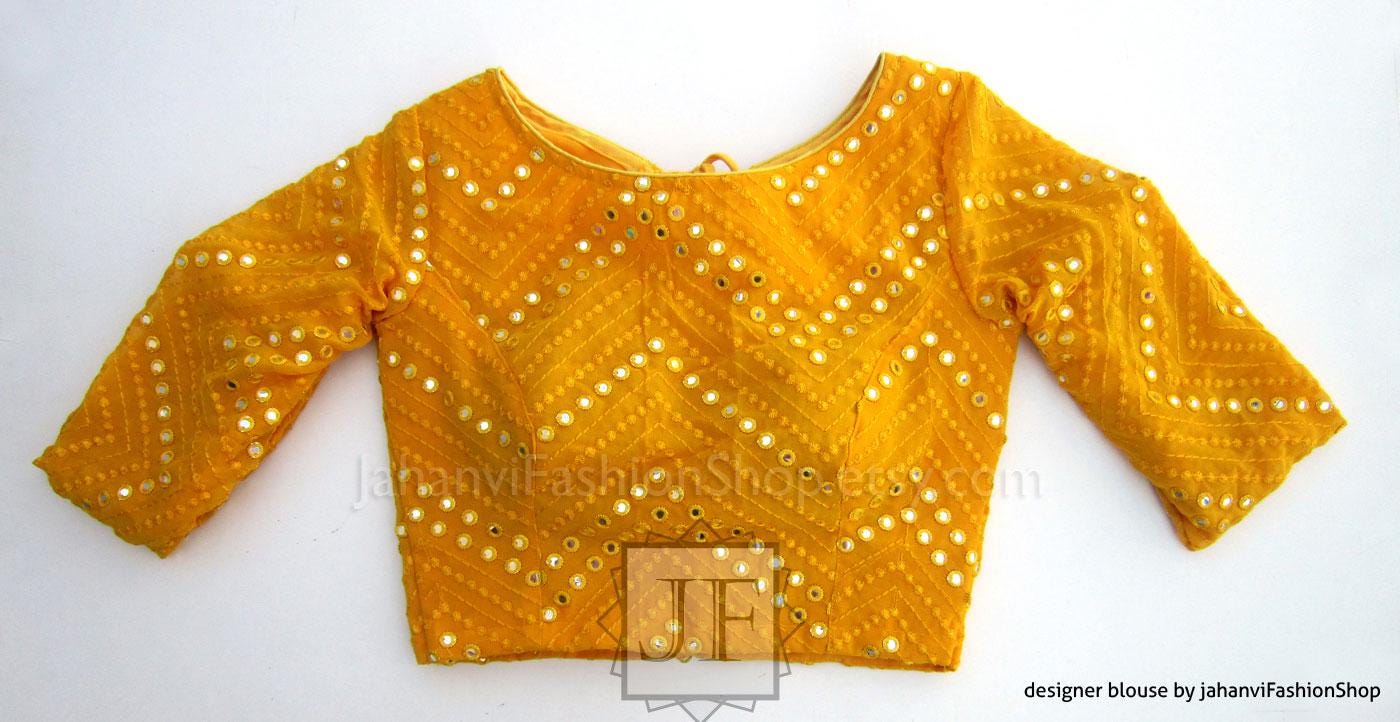 Deep Yellow Embroidered Boat Neck Saree Blouse, Designer Keyhole, Padded Princess Cut, 3/4 Sleeves, Plastic Mirror Work, Ready To Wear USA