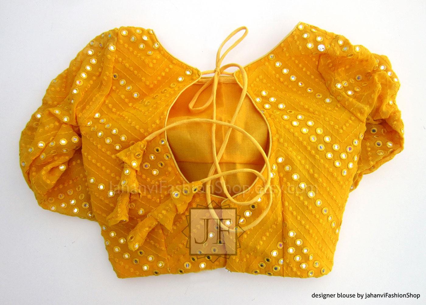 Deep Yellow Embroidered Boat Neck Saree Blouse, Designer Keyhole, Padded Princess Cut, 3/4 Sleeves, Plastic Mirror Work, Ready To Wear USA