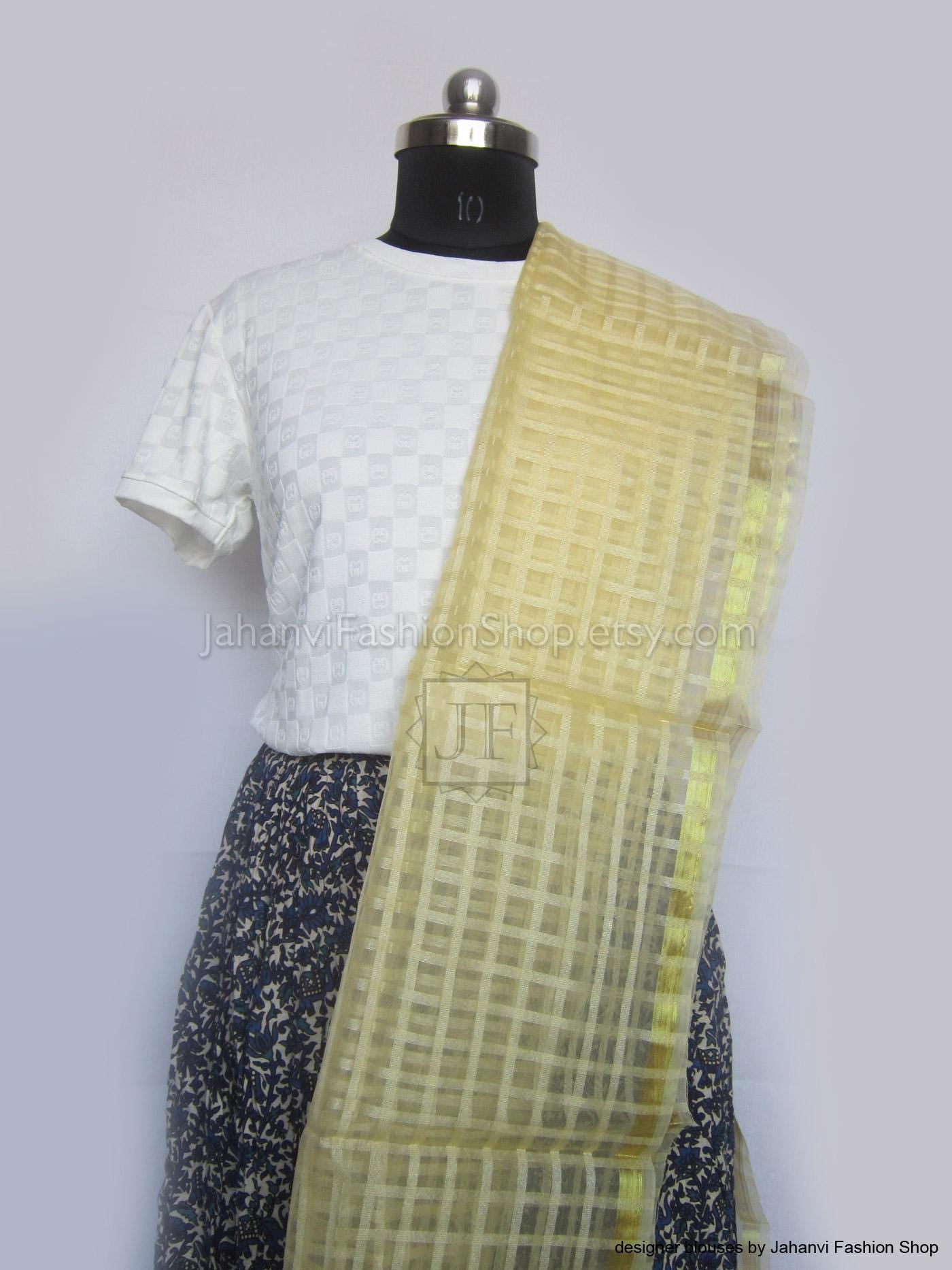 Silk Dupatta: Golden Checked Design - Elegant Women’s Scarf