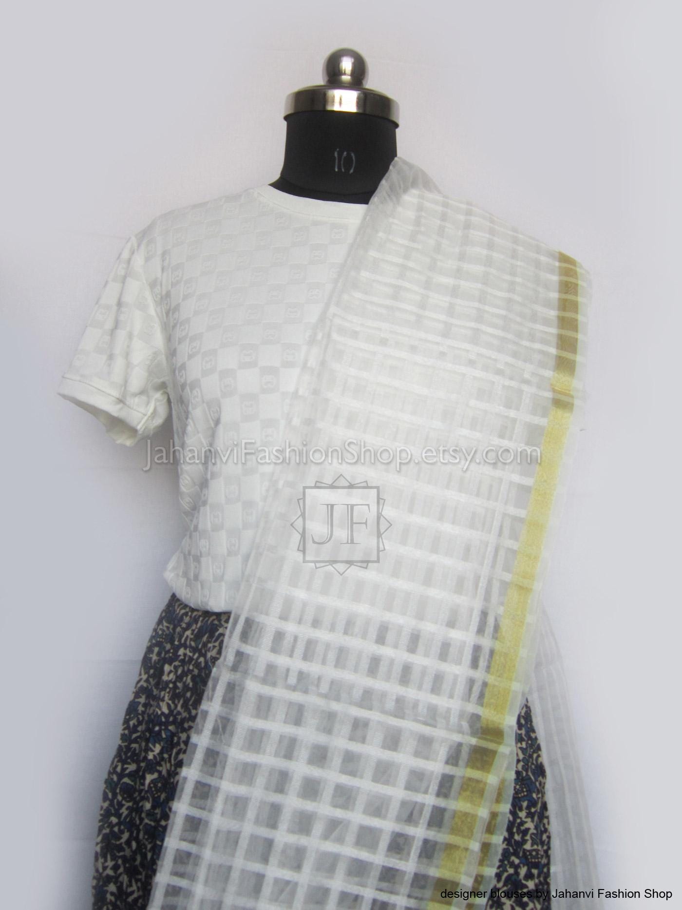 Silk Dupatta: Golden Checked Design - Elegant Women’s Scarf