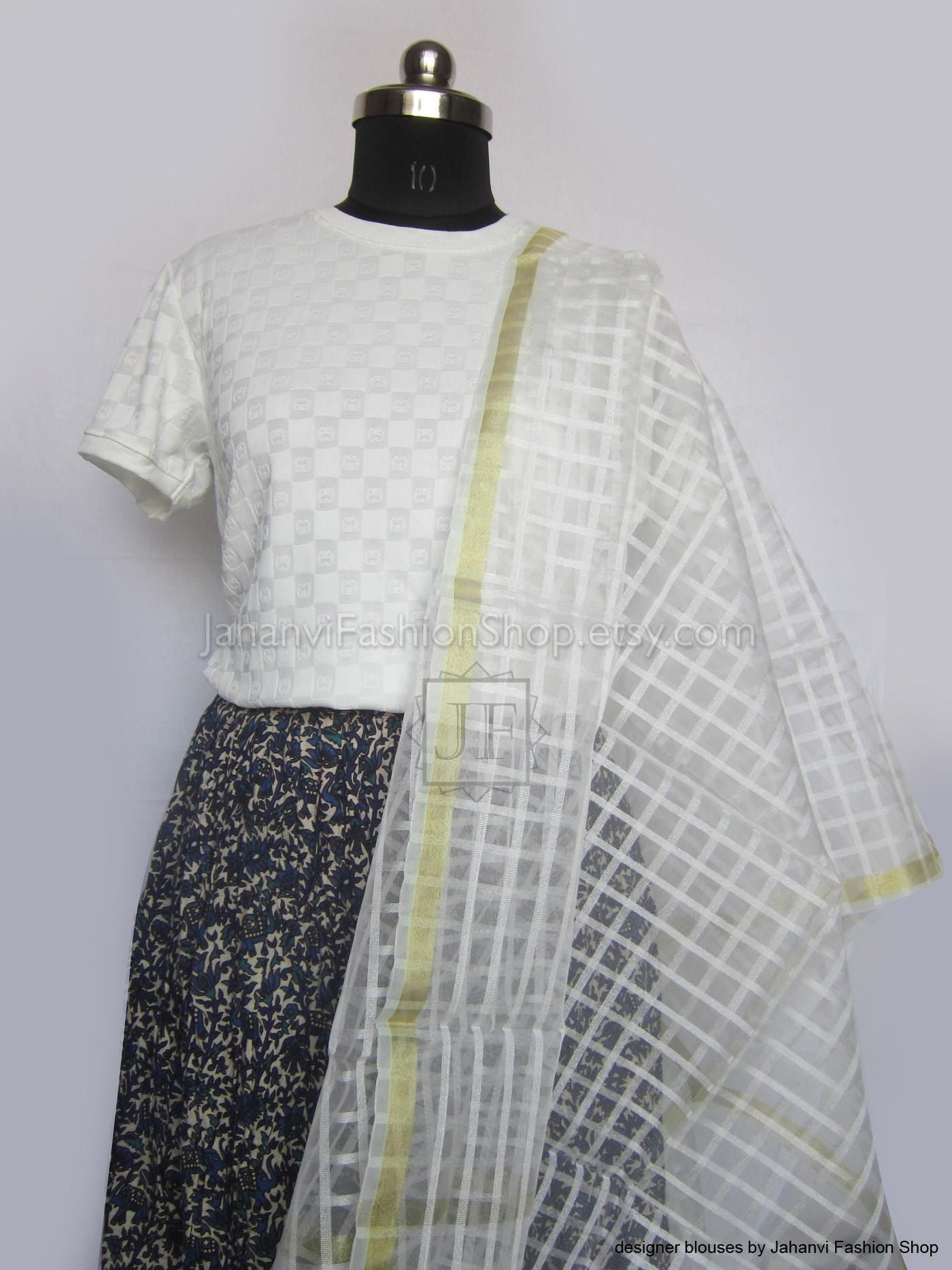 Silk Dupatta: Golden Checked Design - Elegant Women’s Scarf