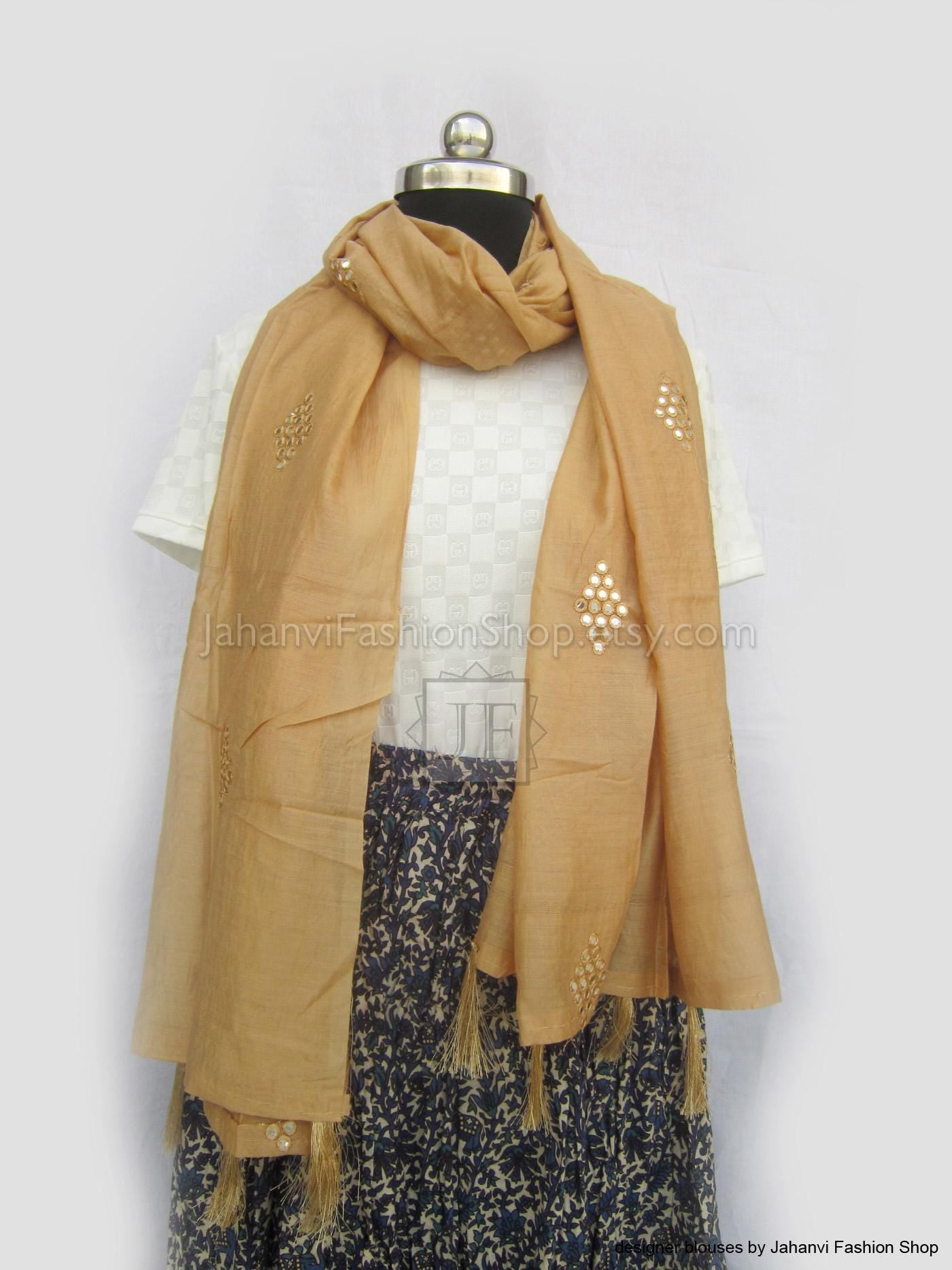 beige dupatta with embroidery work golden leaves 