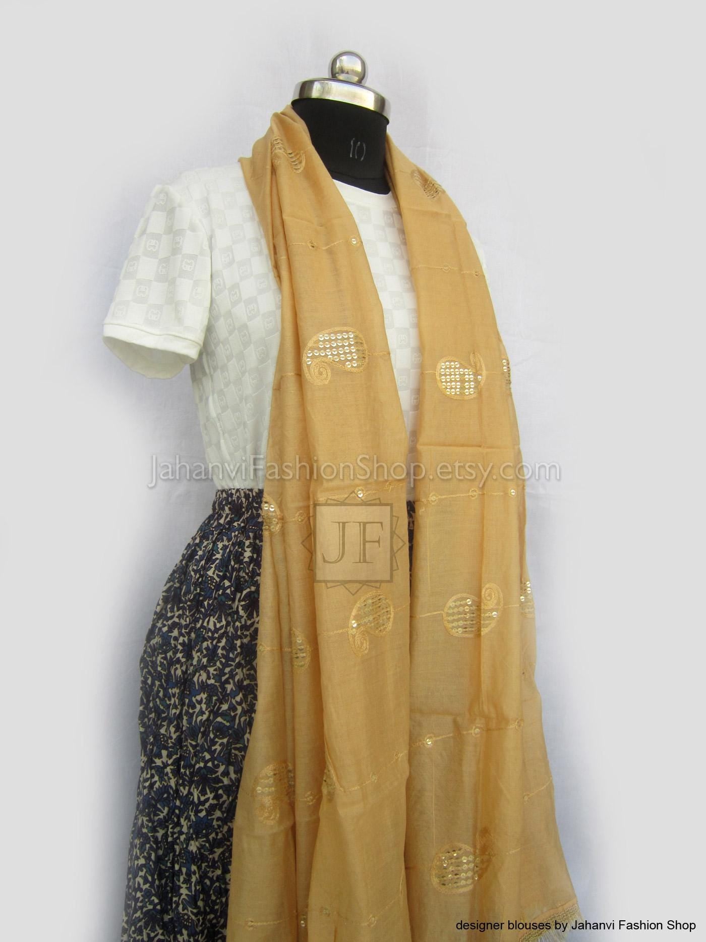 beige dupatta with embroidery work golden flowers