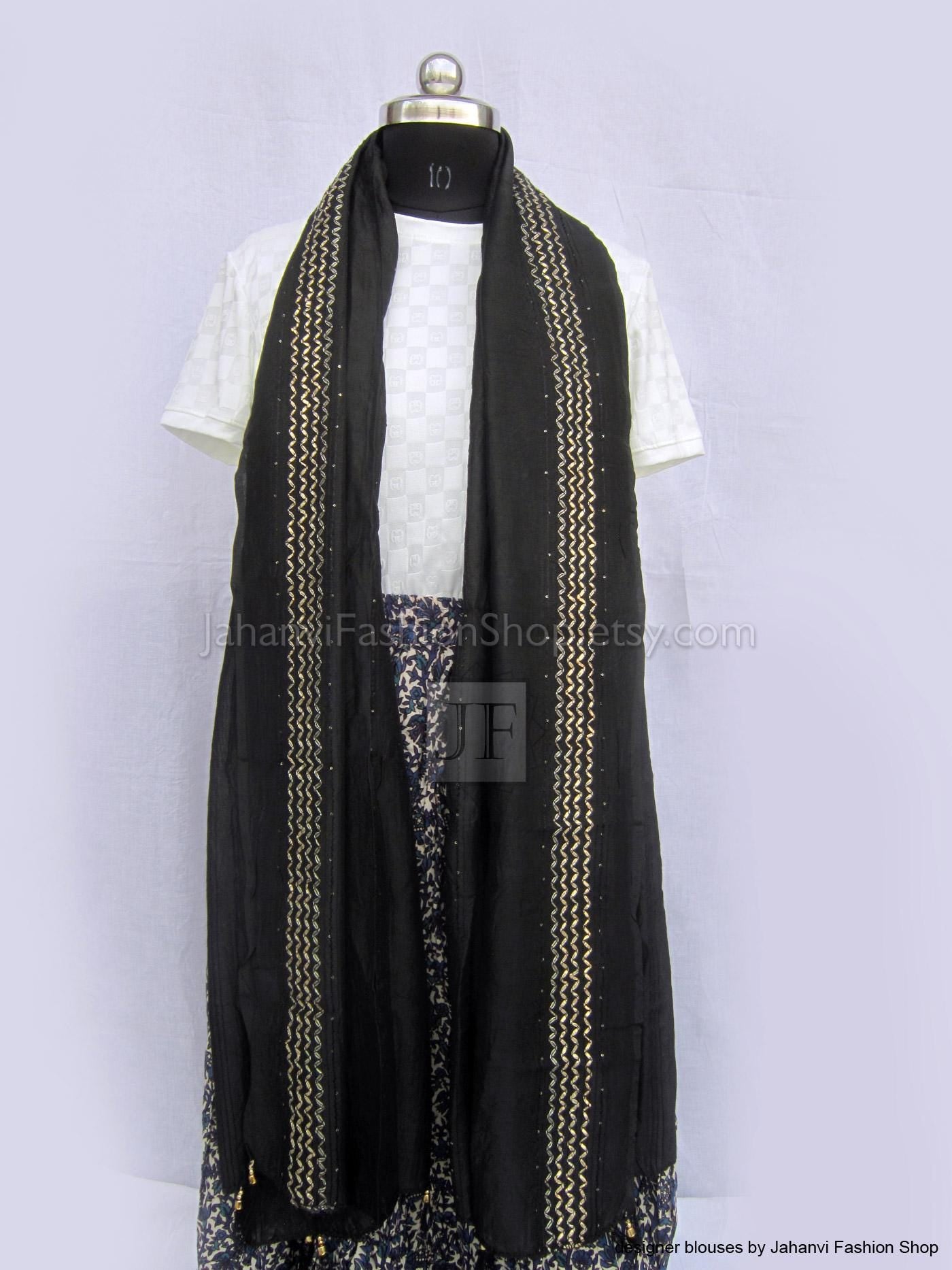 Black Silk Dupatta- Golden Border, Soft and Breathable Fabric